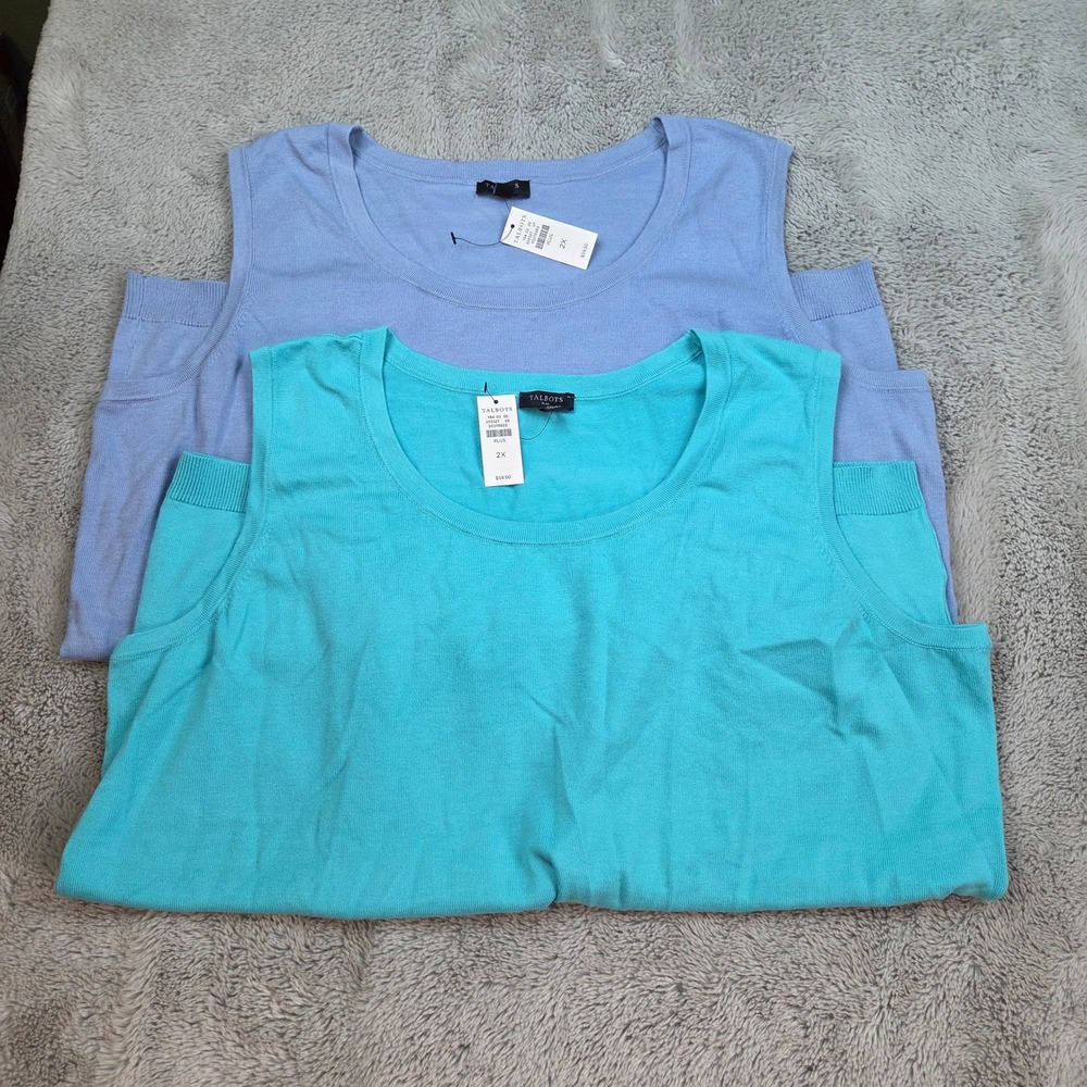 Talbots Knit Shell Tank Top 2 pack Women 2X Sleeveless Scoop Neck Blue Turquoise